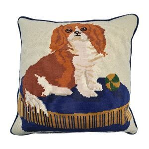 Cavalier King Charles Spaniel Dog Blue Throw Pillow Velvet Backing Embroidered